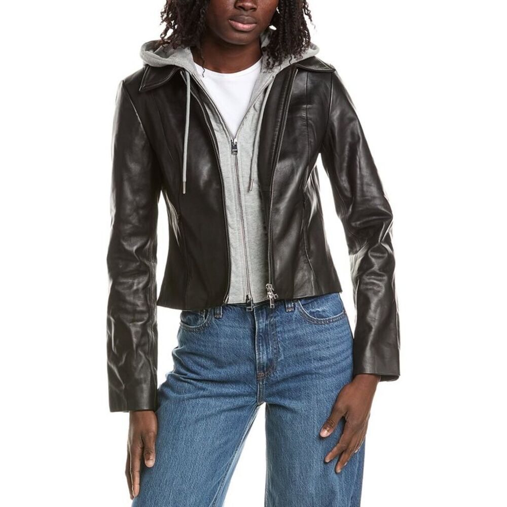 Lamarque Womens Removable Bib Leather Jacket, Black